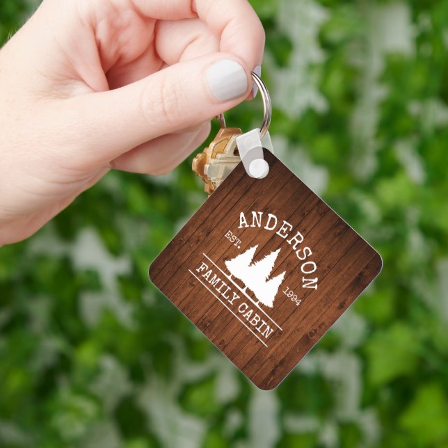 Cabin Rustic Wood Family Name Square Key Ring (Hand)