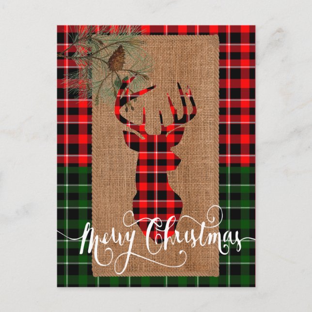 Cabin Style - A Plaid Deer Head on Burlap & Plaid Holiday Postcard (Front)