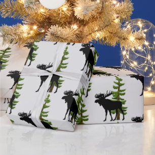 Cabin Style Moose and Pine Tree Pattern Wrapping Paper