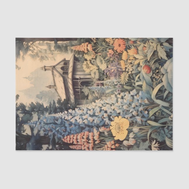 Cabin with Pretty Wildflower Garden Illustration Tissue Paper (Front)