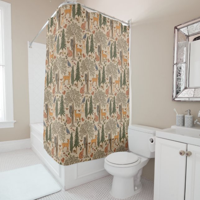 Cabincore Woodland Forest Animals Shower Curtain (In Situ)