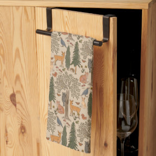 Cabincore Woodland Forest Animals Tea Towel