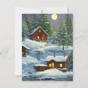 Cabins in The Woods Snow landscape ARt Postcard