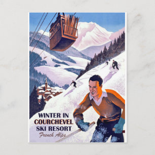 Cable car over Courcheval, man on ski, vintage Postcard