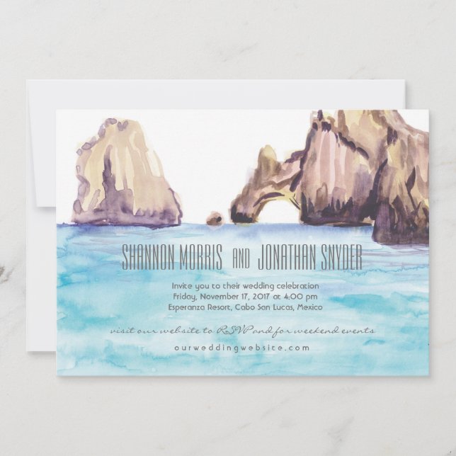 Cabo Mexico Watercolor Wedding Invite (Front)