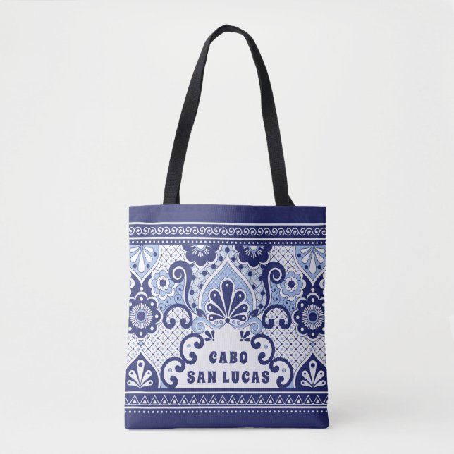 Cabo San Lucas Blue & White Mexican Talavera Tile  Tote Bag (Front)