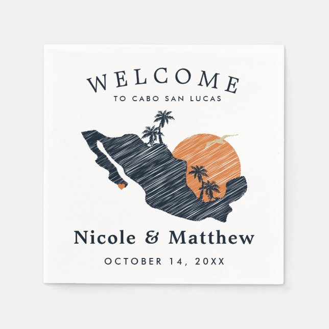 Cabo San Lucas Mexico Navy Map Wedding Welcome Napkin (Front)