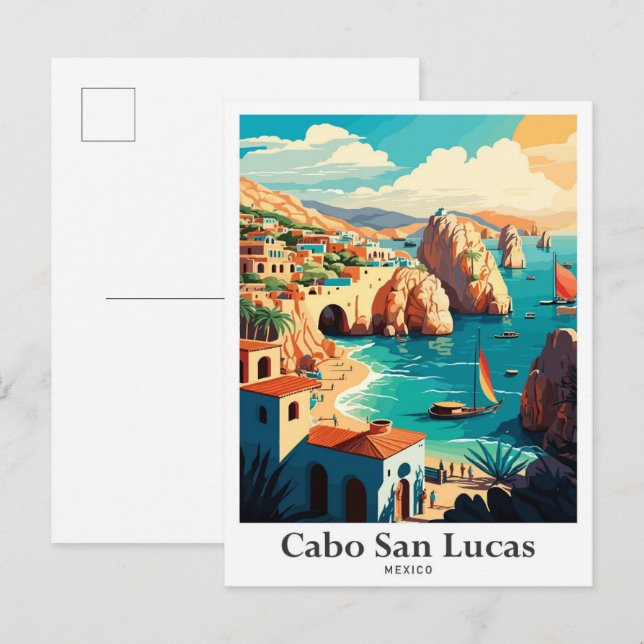 Cabo San Lucas Mexico Vintage Travel Illustration Postcard (Front/Back)