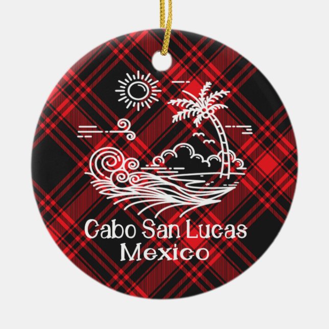 Cabo San Lucas Red Tartan Christmas Ceramic Tree Decoration (Front)