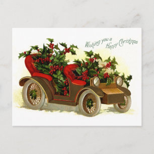 Cabriolet Filled With Holly Vintage Christmas Holiday Postcard