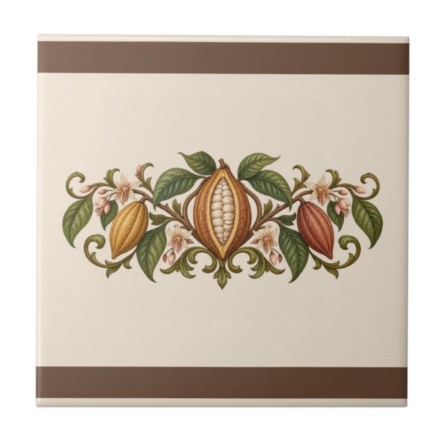 Cacao Botanical Scroll Custom Colour Frieze Tile (Original warm cream & cocoa palette. Background and both bands can be personalized.)