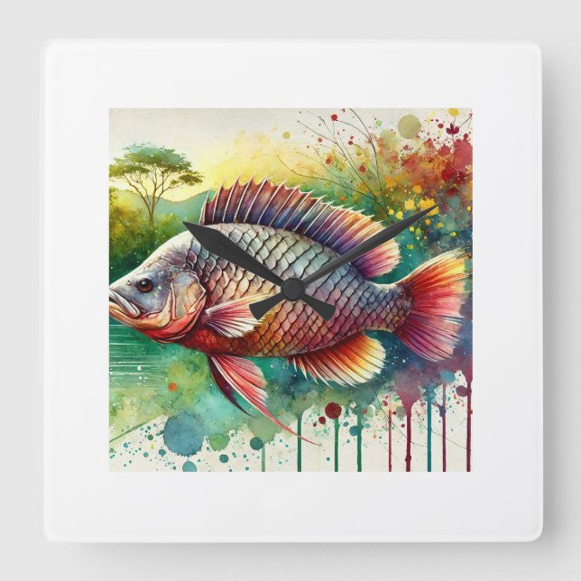 Cacique Fish 190624AREF111 - Watercolor Square Wall Clock (Front)