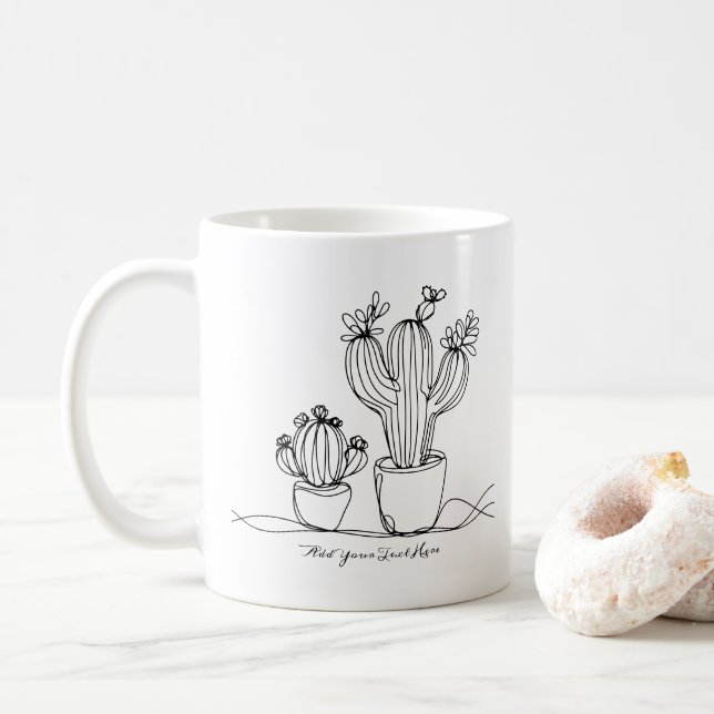 Cacti Abstract Line Art with Personalised Text Coffee Mug (With Donut)
