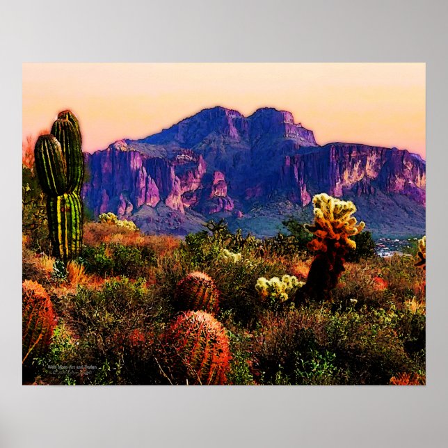 Cacti And Purple Mountain At Dusk Sonoran Desert Poster (Front)