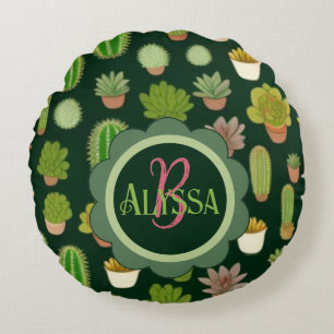 Cacti and Succulent Wonderland: Customise Name Round Cushion