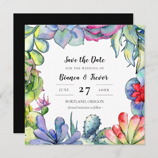 Cacti and succulents watercolor Save the date Invitation (Front/Back)