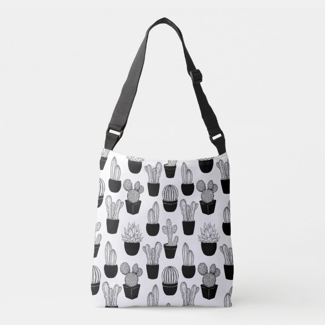 Cacti Black Line Art Large Pattern Crossbody Bag (Front)