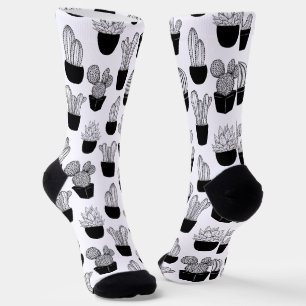 Cacti Black Line Art Large Pattern Socks