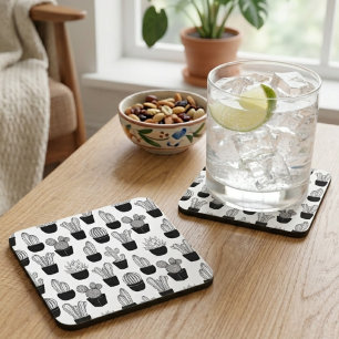Cacti Black Line Art Pattern Coaster