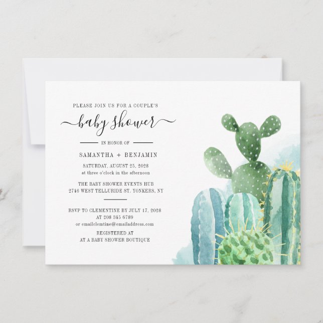 Cacti Botanical Watercolor Couples Baby Shower  Invitation (Front)