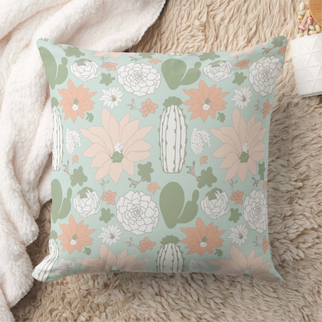 Cacti Cactus Peach Green Whimsical Floral Pattern  Cushion (Blanket)