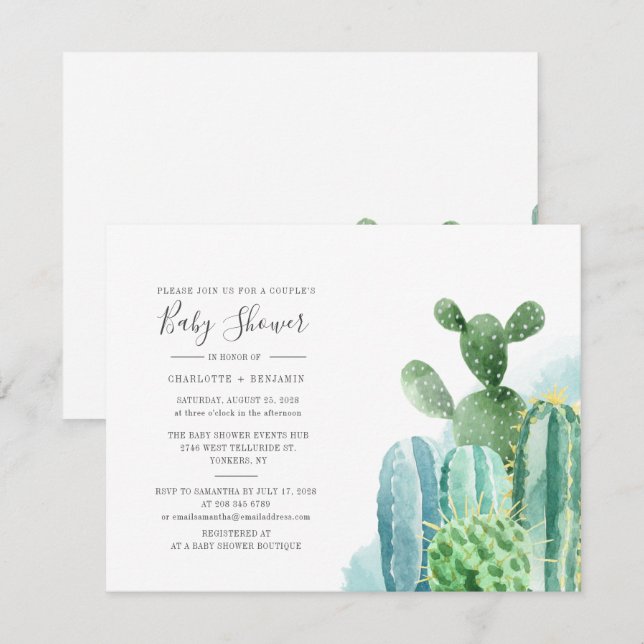 Cacti Couples Baby Shower Watercolor Script Invitation (Front/Back)