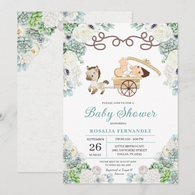 Cacti Floral Mexican Baby Boy Charro Baby Shower Invitation (Front/Back)