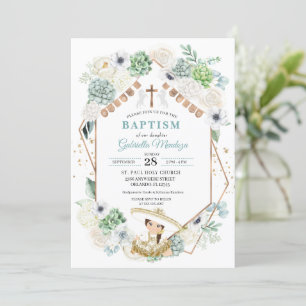 Cacti Floral Mexican Baby Girl Charra Baptism Invitation