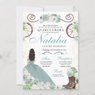 Cacti Floral Mint Green Western Charra Quinceanera Invitation
