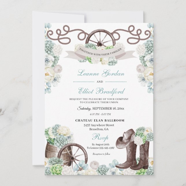 Cacti Floral Mint Green Western Cowboy Wedding Invitation (Front)