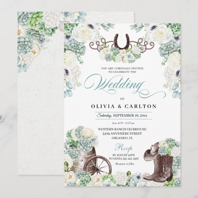 Cacti Floral Mint Green Western Cowboy Wedding Invitation (Front/Back)