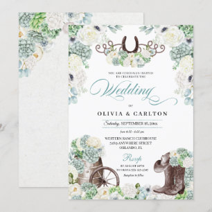 Cacti Floral Mint Green Western Cowboy Wedding Invitation