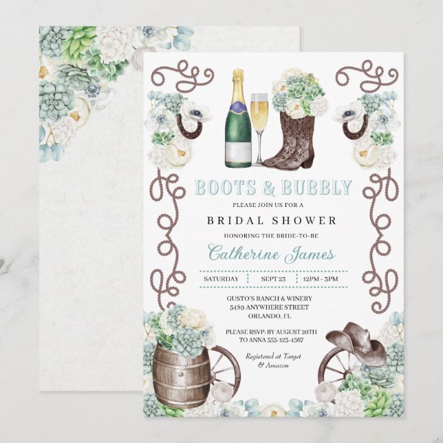 Cacti Floral Western Boots & Bubbly Bridal Shower Invitation (Front/Back)