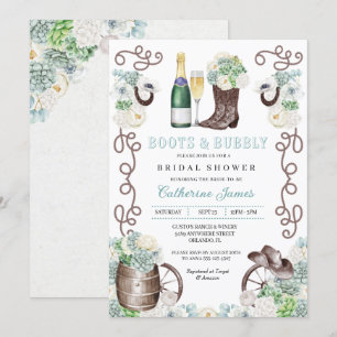 Cacti Floral Western Boots & Bubbly Bridal Shower Invitation