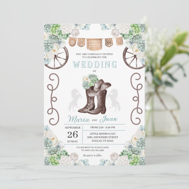 Cacti Floral Western Cowboy Boots Wedding Invitation (Standing Front)