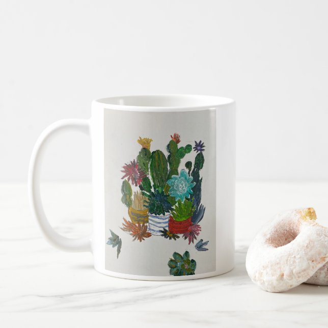 Cacti in pots Acrylic art Coffee Mug (With Donut)