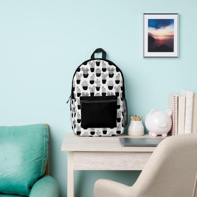 Cacti Line Art Black And White Pattern 1 Printed Backpack (Insitu)