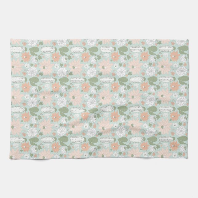 Cacti Peach Green White Floral Print Kitchen Towel (Horizontal)
