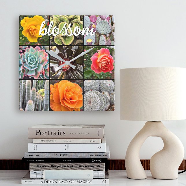 Cacti Roses Photo Collage Blossom Quote Script Square Wall Clock (Creator Uploaded)