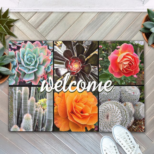 Cacti Roses Photo Collage Welcome Script Modern Doormat (Creator Uploaded)