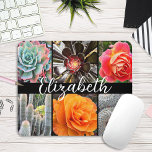 Cacti roses stylish photos script custom name chic mouse mat<br><div class="desc">Brilliantly red, yellow, and orange-hued roses and lush green, aqua, and black cacti shout warm, summer days. Enjoy the blossoms and the peaceful atmosphere of a vibrant garden whenever you use this stunning photography custom name mousepad. Makes a great gift for someone special! Just type in the name of your...</div>