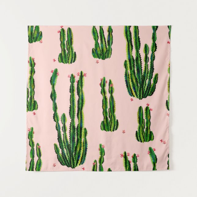 Cacti seamless pattern watercolor. Cactus in bloss Tapestry (Front)