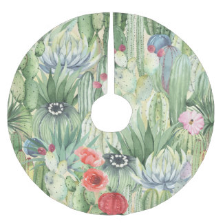 Cacti, succulents: floral watercolor print. brushed polyester tree skirt