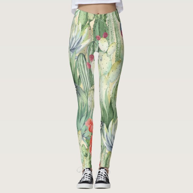 Cacti, succulents: floral watercolor print. leggings (Front)