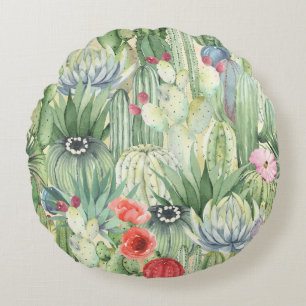 Cacti, succulents: floral watercolor print. round cushion