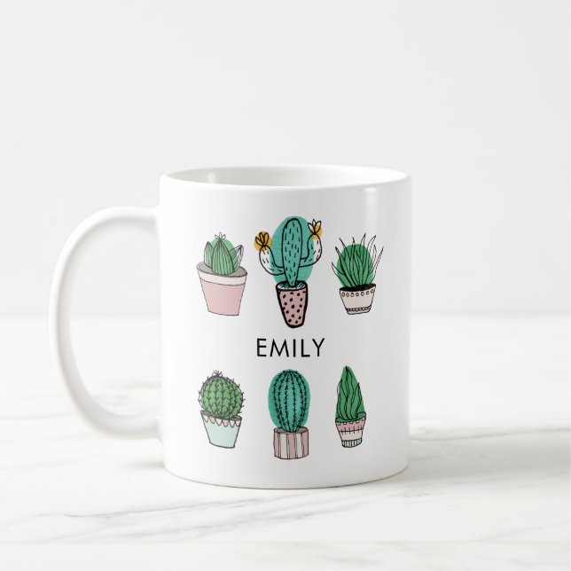 Cacti succulents illustration personalised name coffee mug (Left)