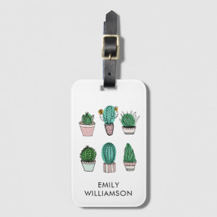 Cacti succulents illustration personalised name luggage tag