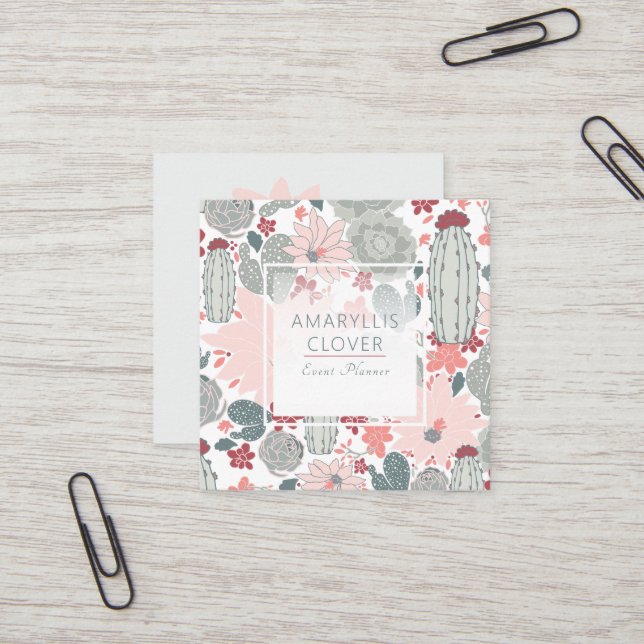 Cacti Succulents Pink Green Pattern Square Business Card (Front/Back In Situ)