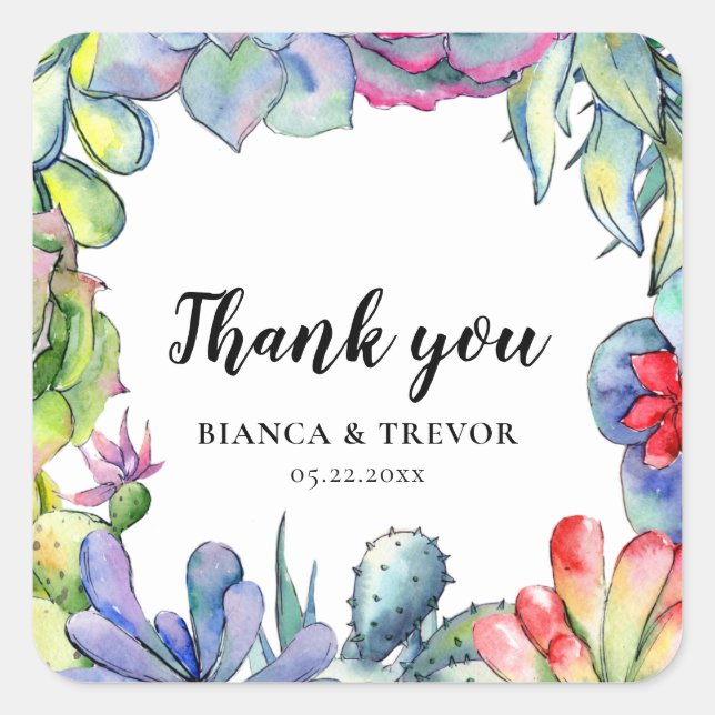 Cacti & succulents watercolor wedding thank you square sticker (Front)