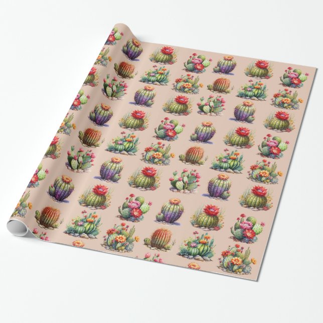 Cacti Watercolor Pattern Wrapping Paper (Unrolled)